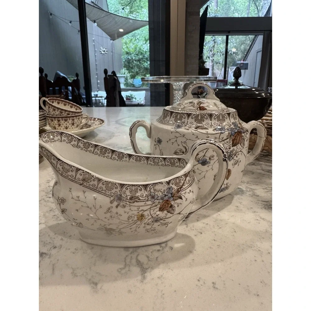 Antique Alfred Meakin Sugar Bowl and Gravy Boat In The Rosaline Pattern. England